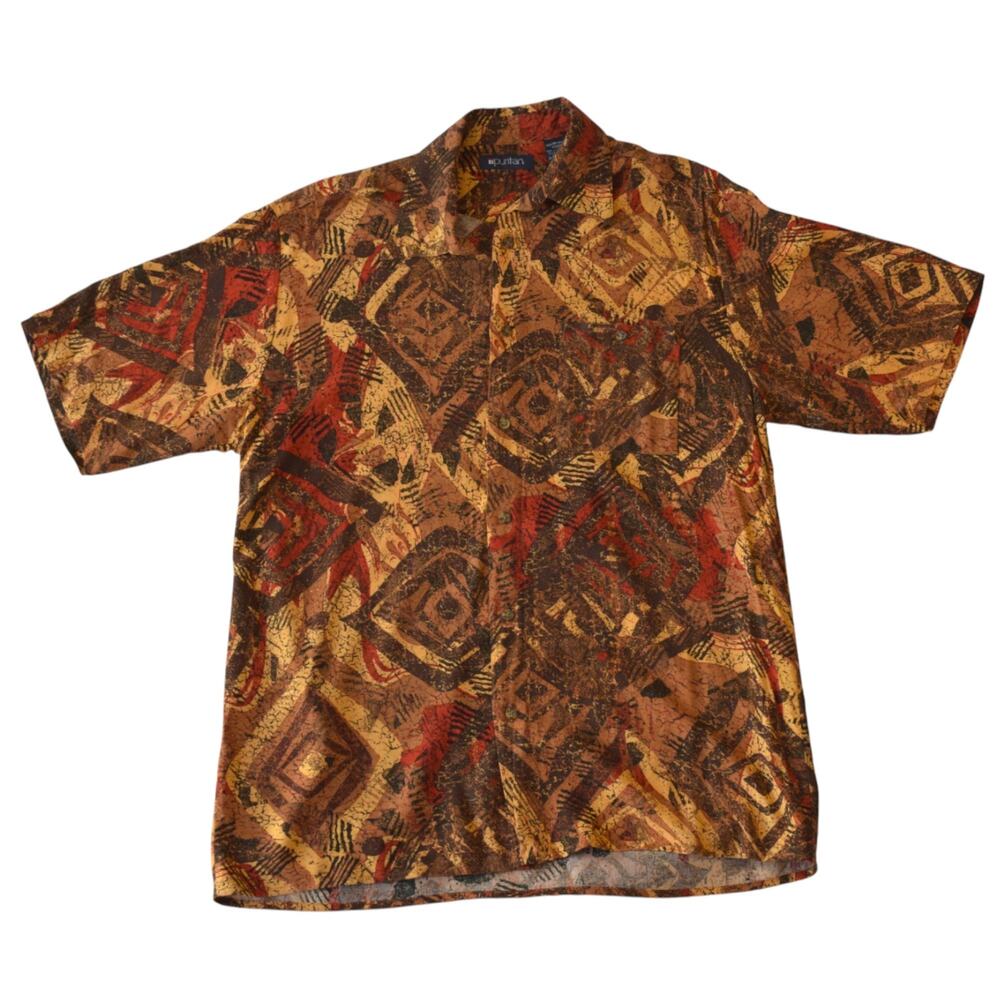 Vintage Puritan Abstract Print Shirt Orange Brown Short Sleeve Medium